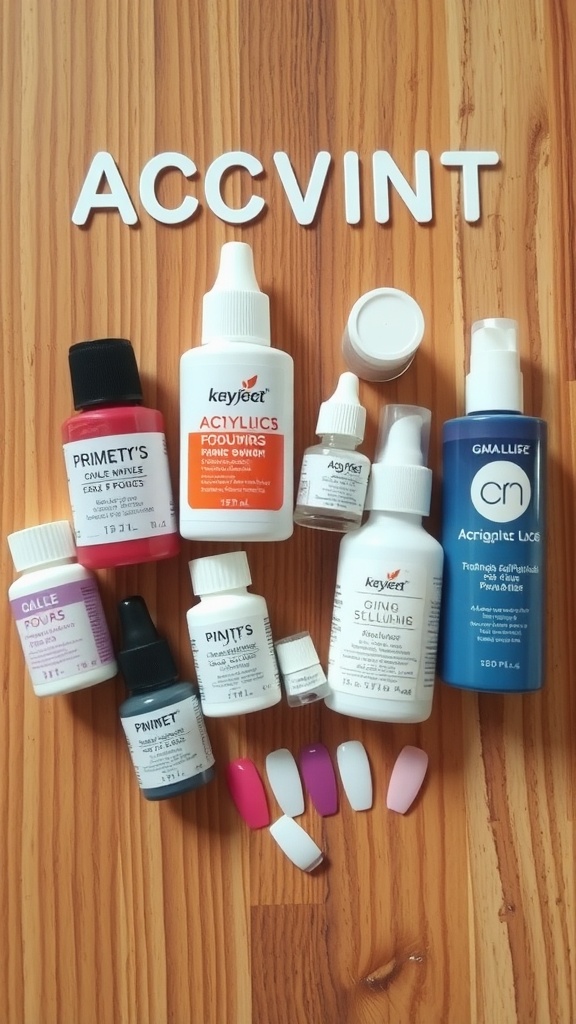 An assortment of acrylic nail products including powders, liquids, and color swatches