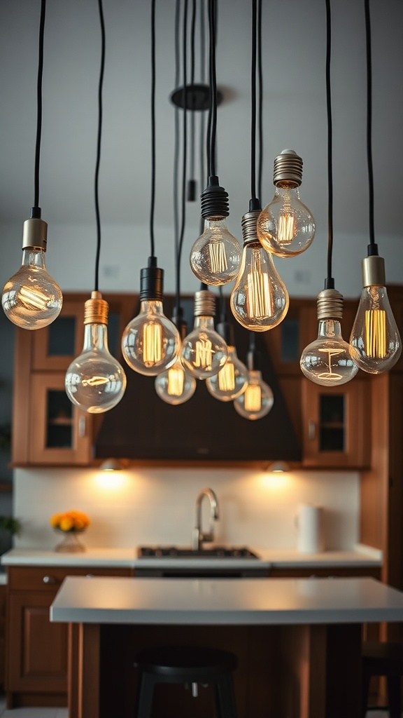 Stylish pendant lights with various bulb designs hanging over a modern kitchen island.