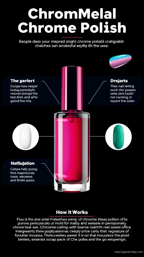 Image of chrome nail polish and various nail colors, showcasing the shiny finish of pink chrome nails.