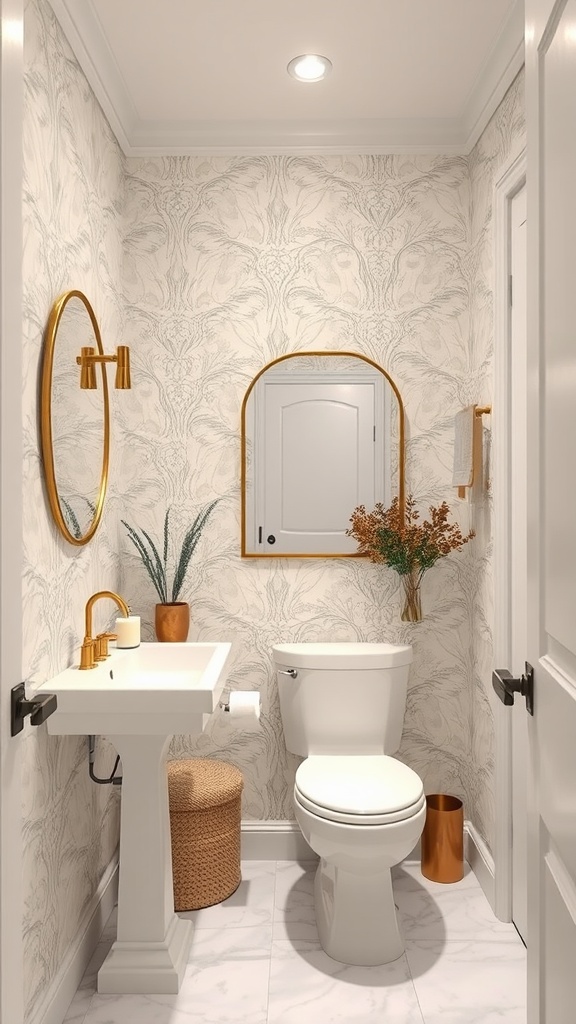 A stylish guest bathroom featuring neutral wallpaper with light patterns, gold fixtures, and a clean white sink and toilet.