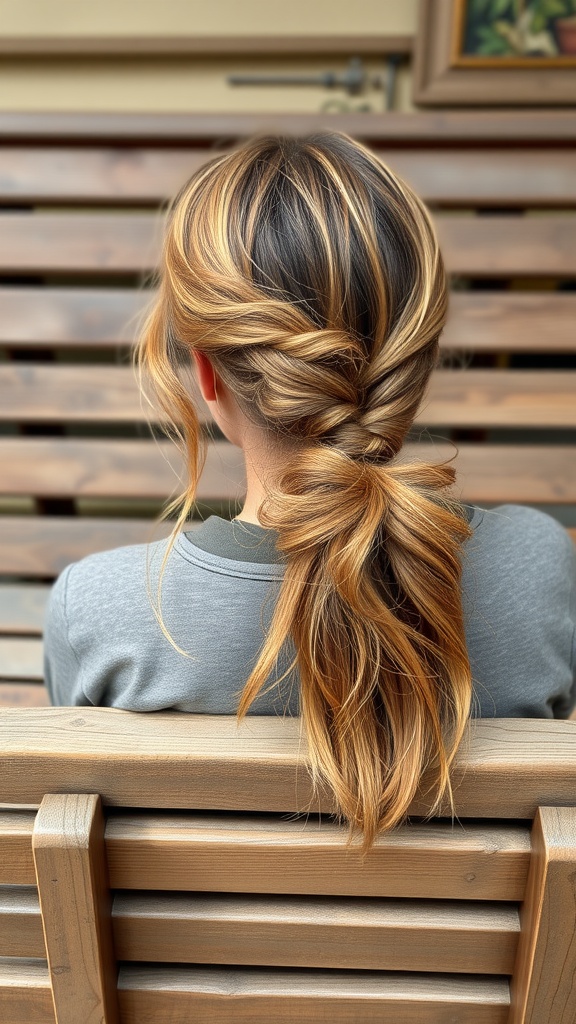 A woman with long, wavy hair styled in an undone low ponytail, showcasing volume and loose strands.