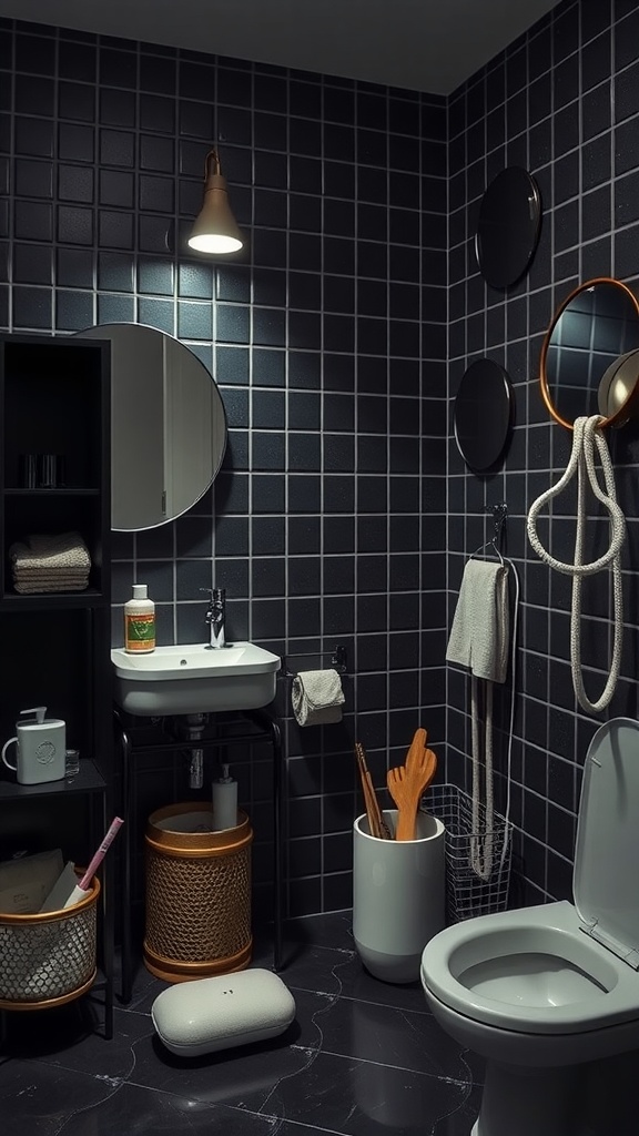 A stylish dark bathroom featuring black tiled walls, circular mirrors, woven baskets, and unique accessories.