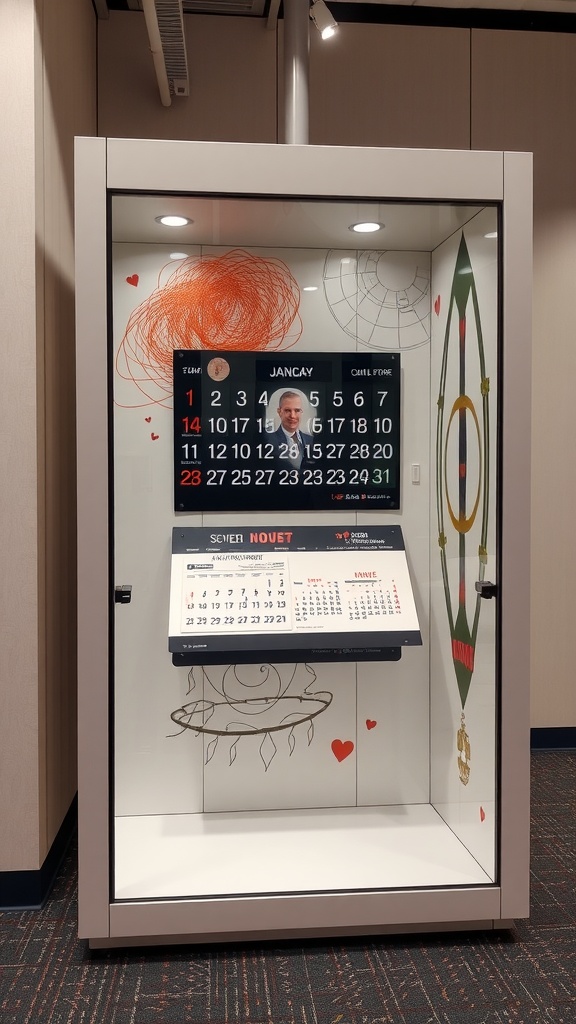 A unique calendar display in a glass enclosure with artistic designs.