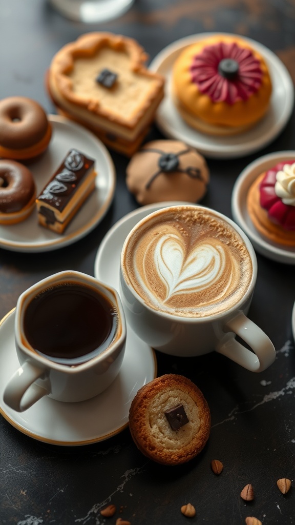 A variety of coffee and desserts including lattes, espresso, donuts, and colorful pastries on a table.