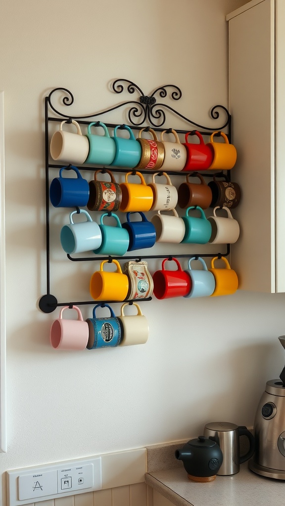 A colorful display of coffee mugs on a wall-mounted rack in a kitchen