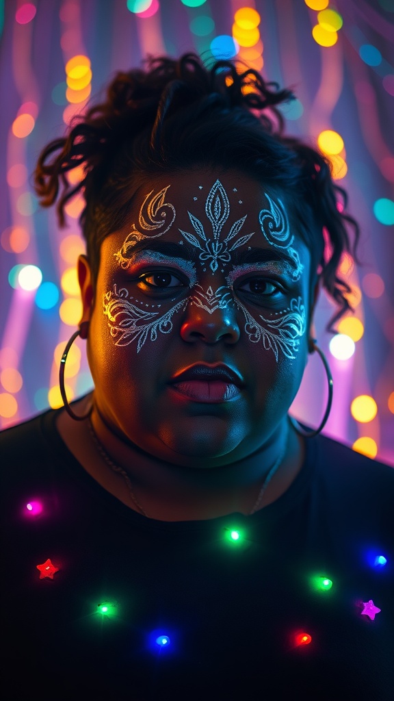 A person with unique face glitter designs and colorful lights in the background