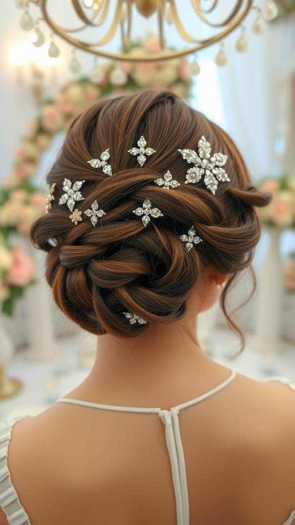Elegant updo hairstyle adorned with jeweled hair accessories and floral designs