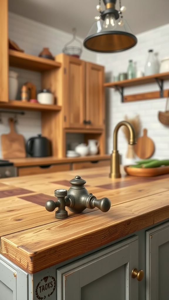 Rustic farmhouse kitchen island showcasing unique hardware and fixtures.