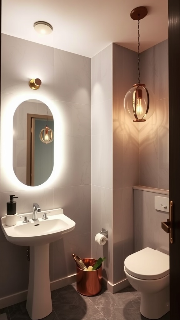 Modern guest bathroom with unique pendant and wall-mounted lighting fixtures.