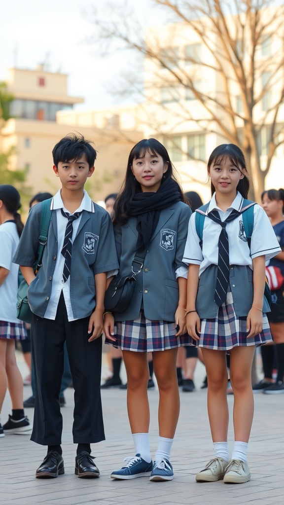 Three Japanese school students wearing unique outfits, showcasing different styles and accessories.