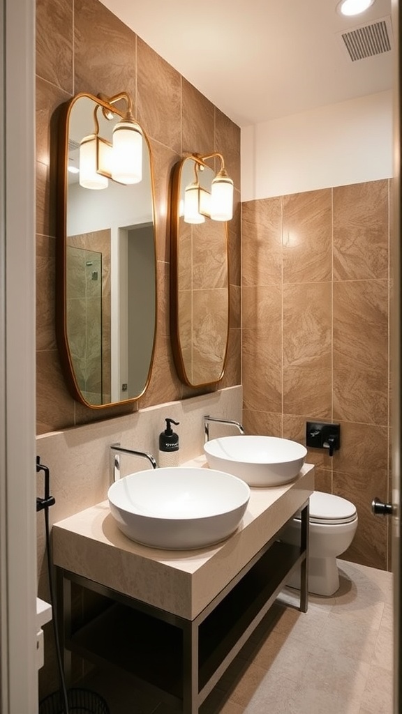 Modern guest bathroom with two unique round vessel sinks on a stylish vanity.