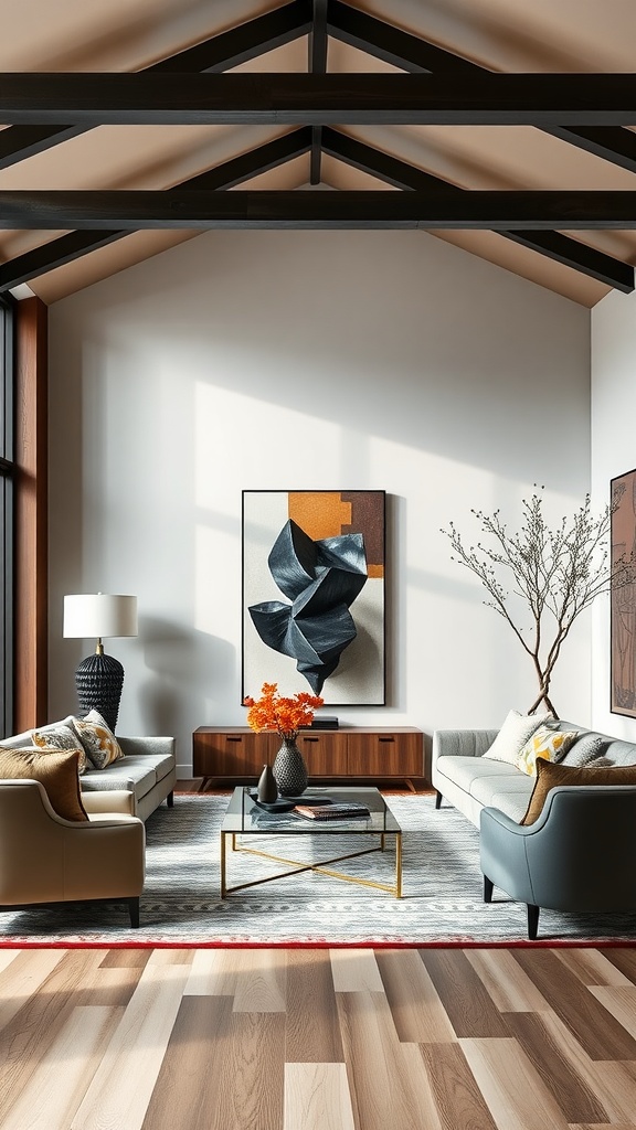 A modern living room featuring high ceilings, abstract artwork, stylish furniture, and warm wooden flooring.