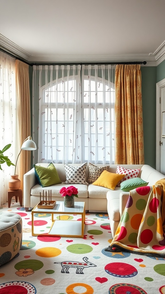 A whimsical living room featuring colorful textiles, patterns, and a cozy atmosphere.