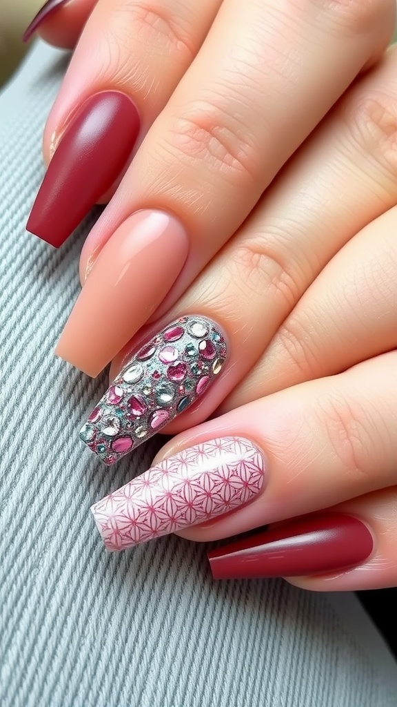 Close-up of short acrylic nails featuring unique textures, colors, and designs.