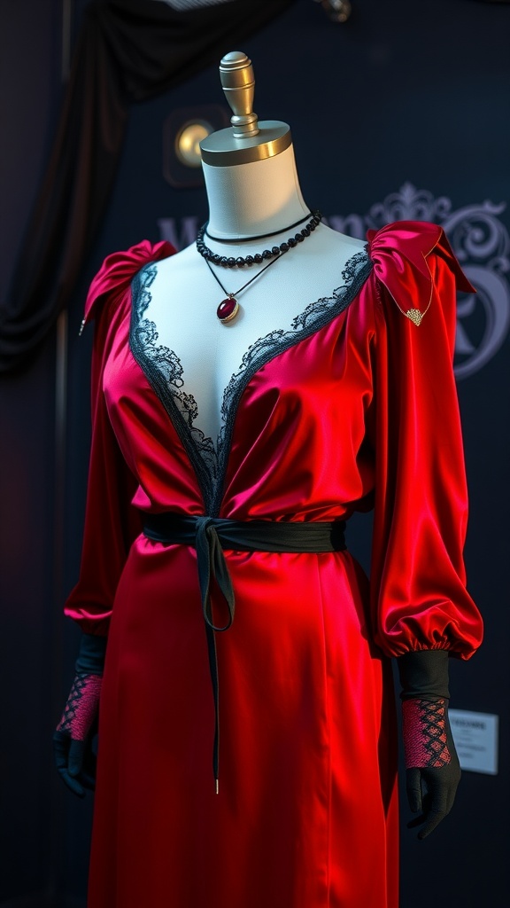 A red satin dress with lace detailing, accompanied by black gloves and accessories, displayed on a mannequin.