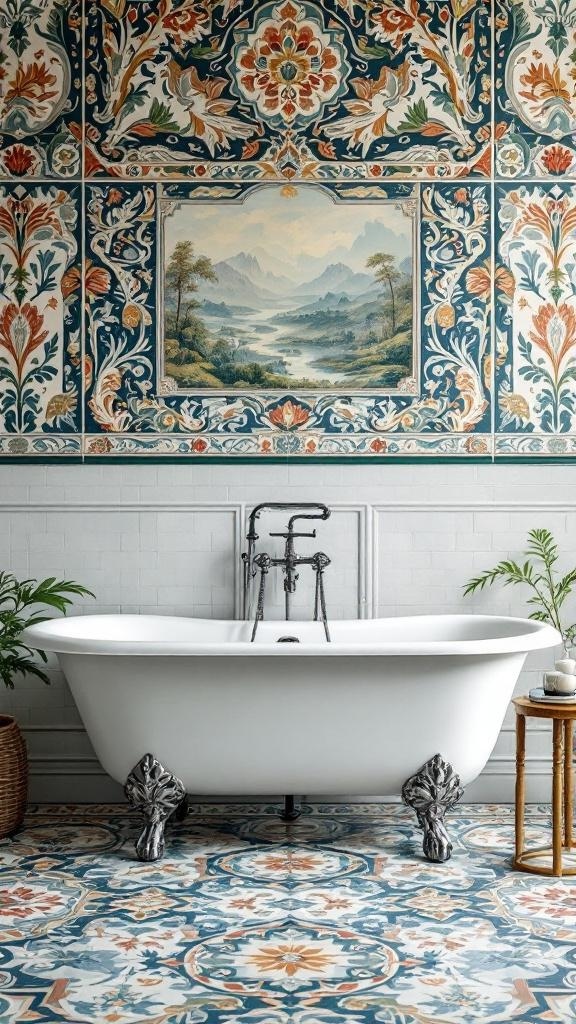A clawfoot tub in a beautifully tiled bathroom with floral designs on the walls and patterned tiles on the floor.