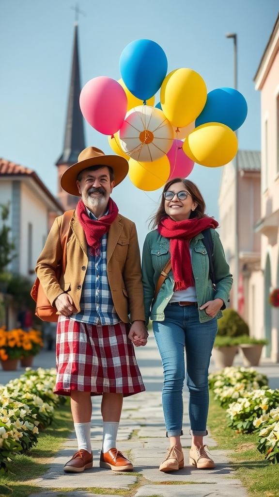 A couple dressed in colorful travel attire inspired by Disney's Up, holding balloons.