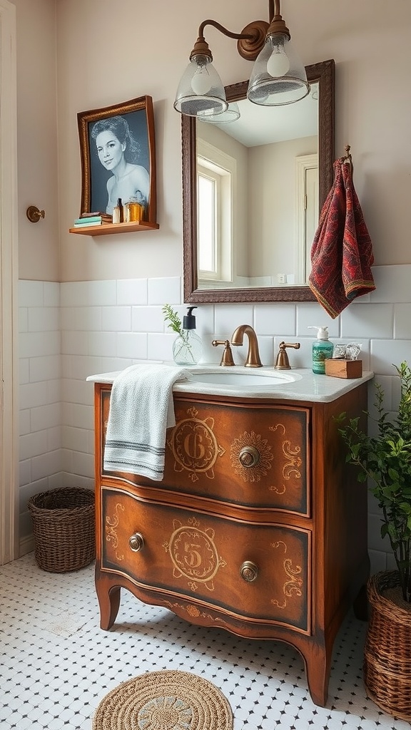 An upcycled vintage drawer used as a towel holder in a stylish bathroom.