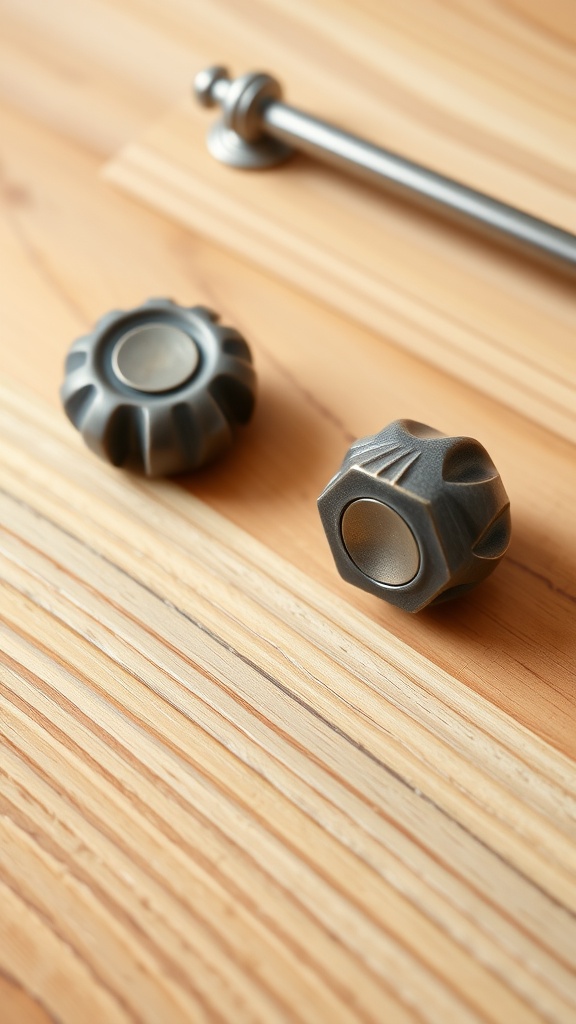 Stylish cabinet hardware knobs on wood surface
