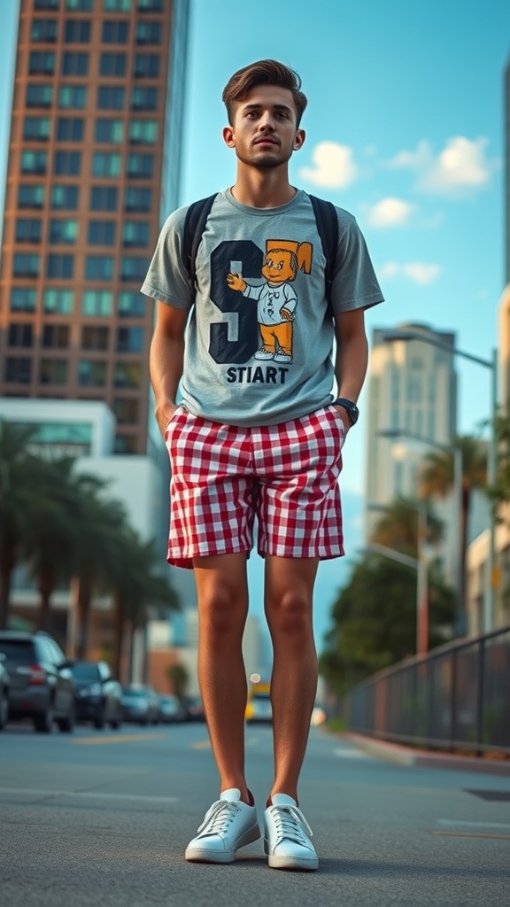 A young man wearing red gingham shorts and a graphic tee in an urban setting.