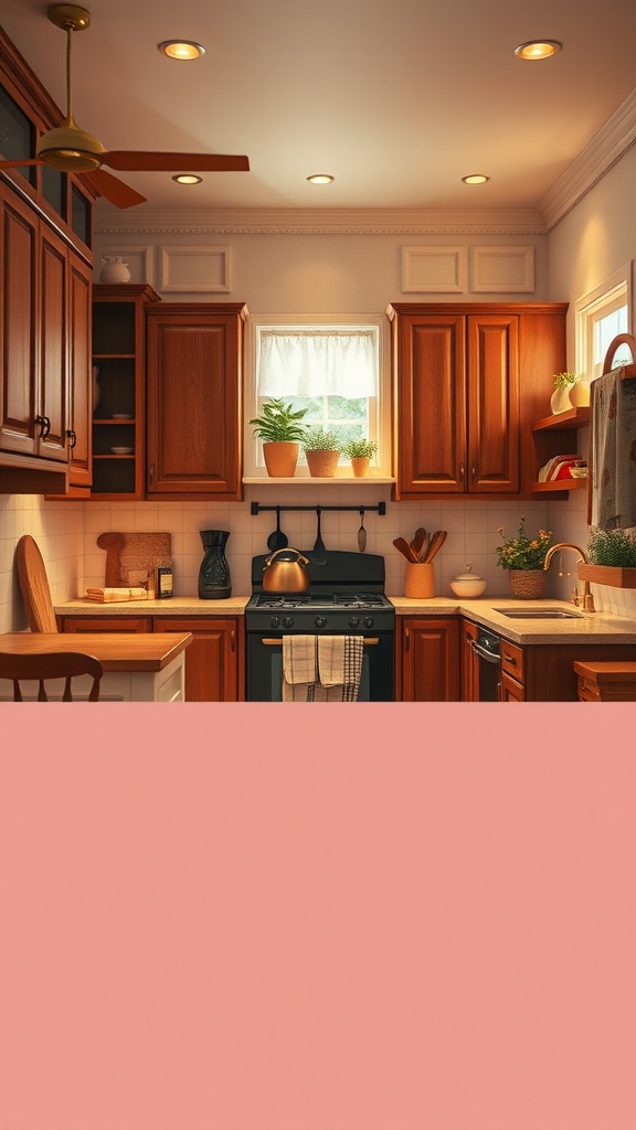 A cozy kitchen featuring brown cabinets, natural light, and plants