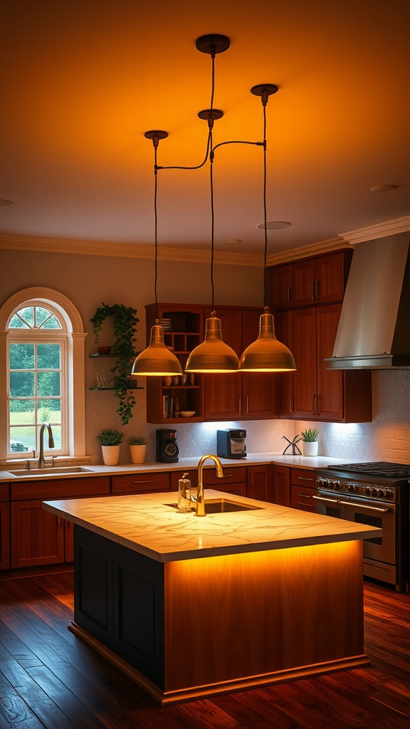 A kitchen with warm lighting from pendant lights over an island, creating a cozy atmosphere.