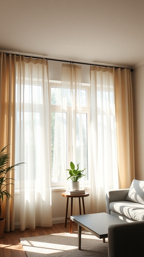 A bright living room with sheer curtains allowing natural light, featuring a plant and a cozy sofa.