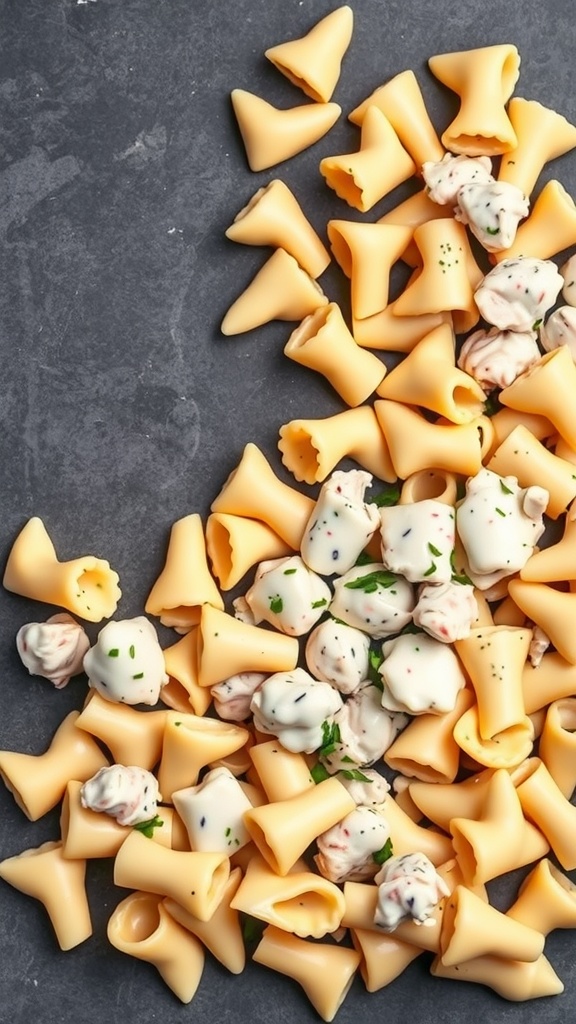 A variety of pasta shapes, including fettuccine, ready for a Chicken Alfredo dish.