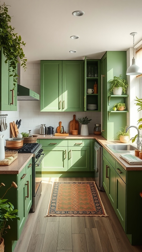 A cozy kitchen featuring green cabinets, plants, and natural light.