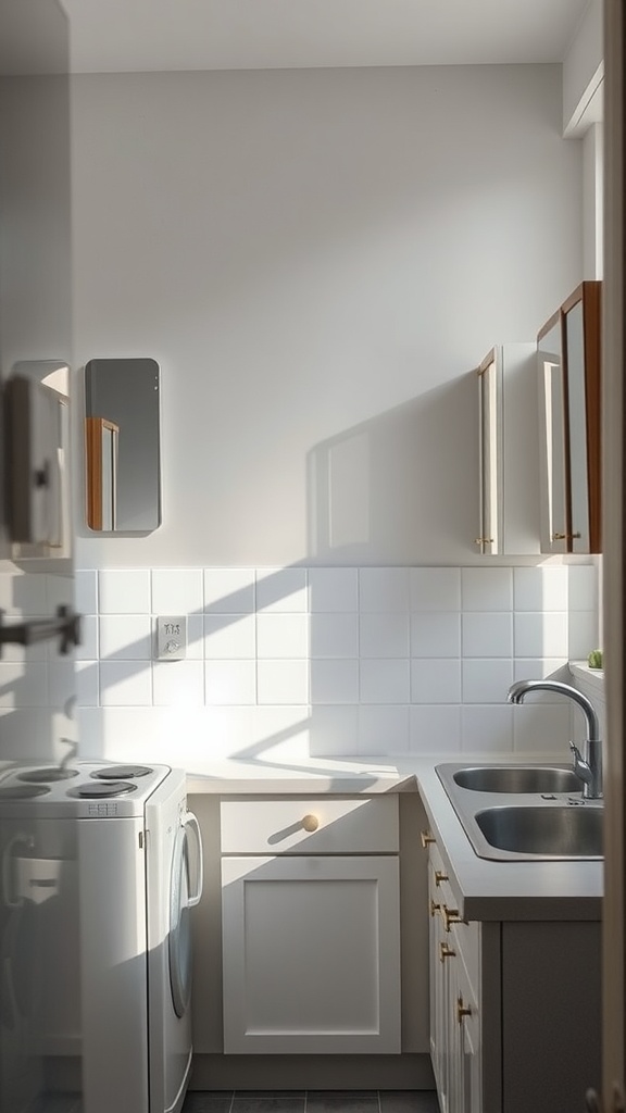 A small kitchen featuring a mirror, white cabinets, and bright lighting