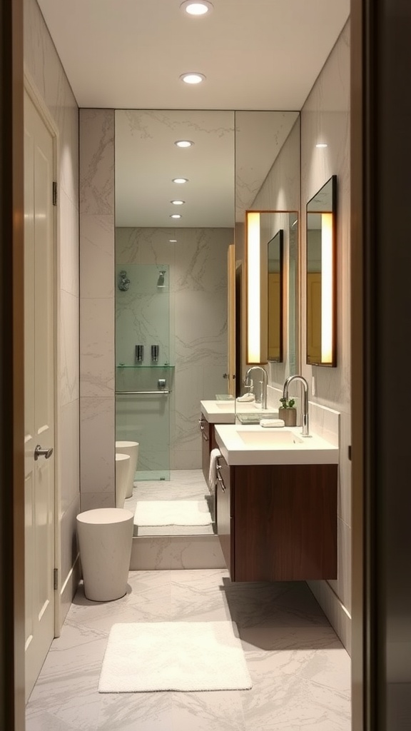A modern small guest bathroom with large mirrors, bright lights, and elegant decor.