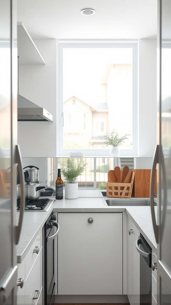 A small, modern kitchen with a window, including appliances and decor.