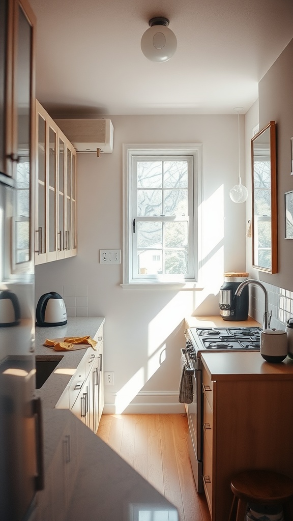 A small, bright kitchen with natural light streaming through a window, featuring wooden cabinets and a mirror.