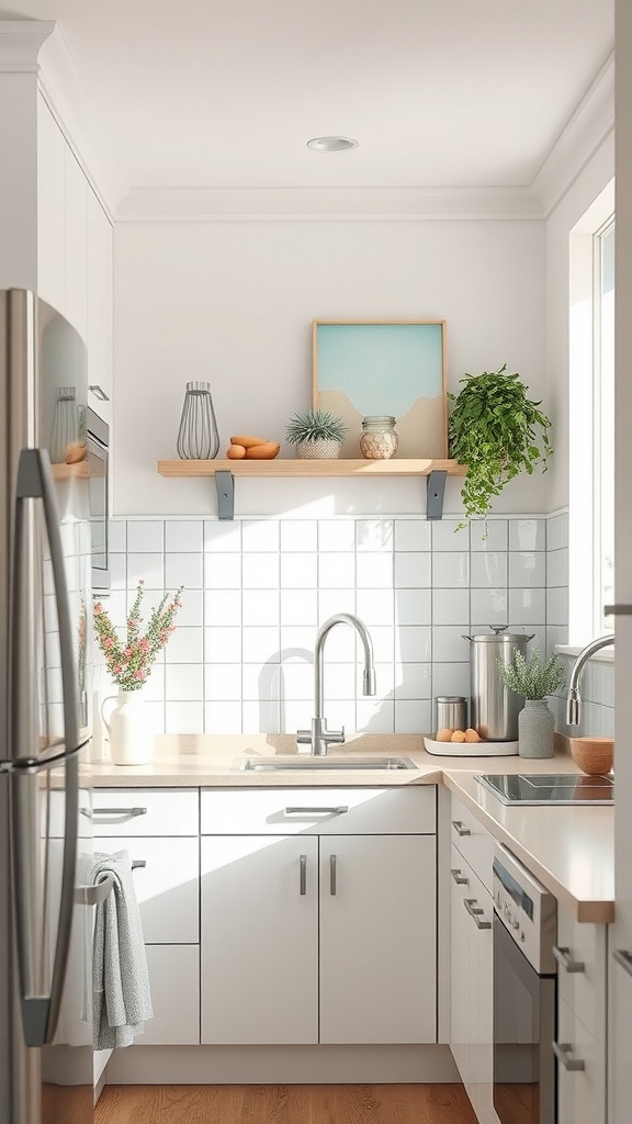 A small kitchen with white cabinetry, light tiles, and natural decor accents.