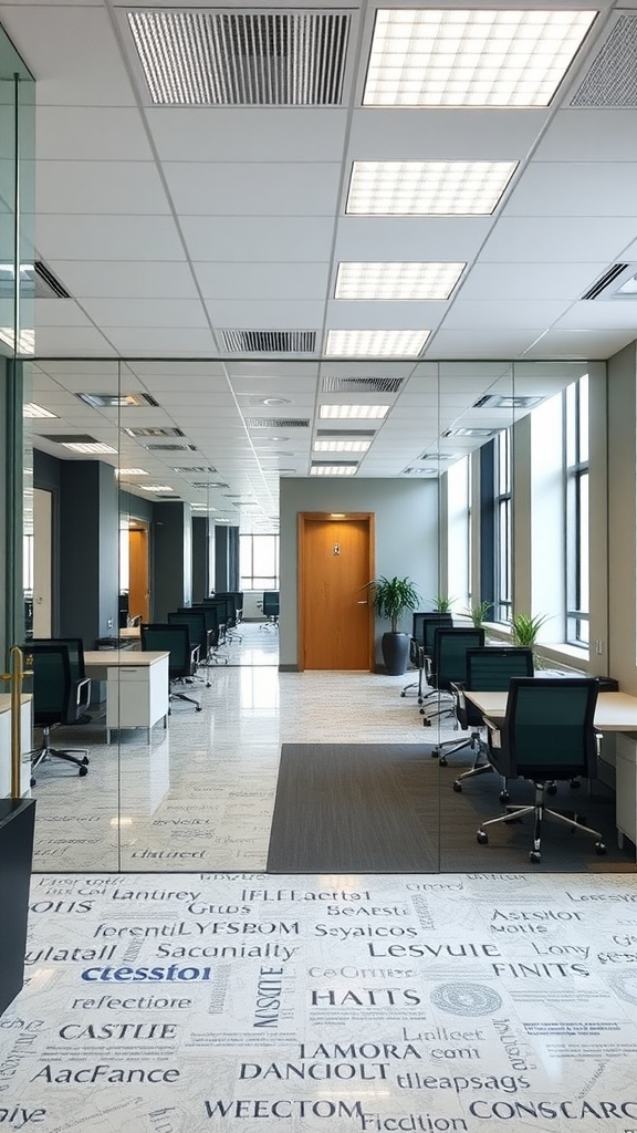 A modern office with large glass panels and bright lighting.
