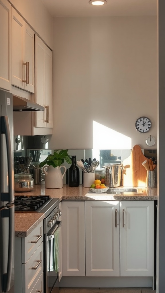 A small galley kitchen with sunlight, showcasing the use of mirrors to reflect light.