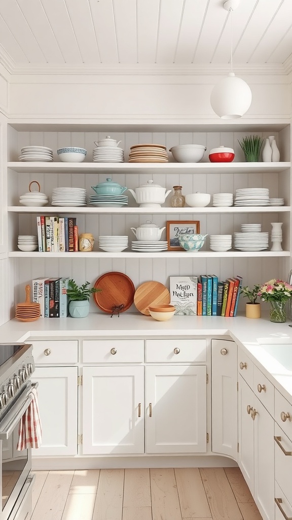 Open shelving in a white farmhouse kitchen displaying dishware, cookbooks, and decorative items.