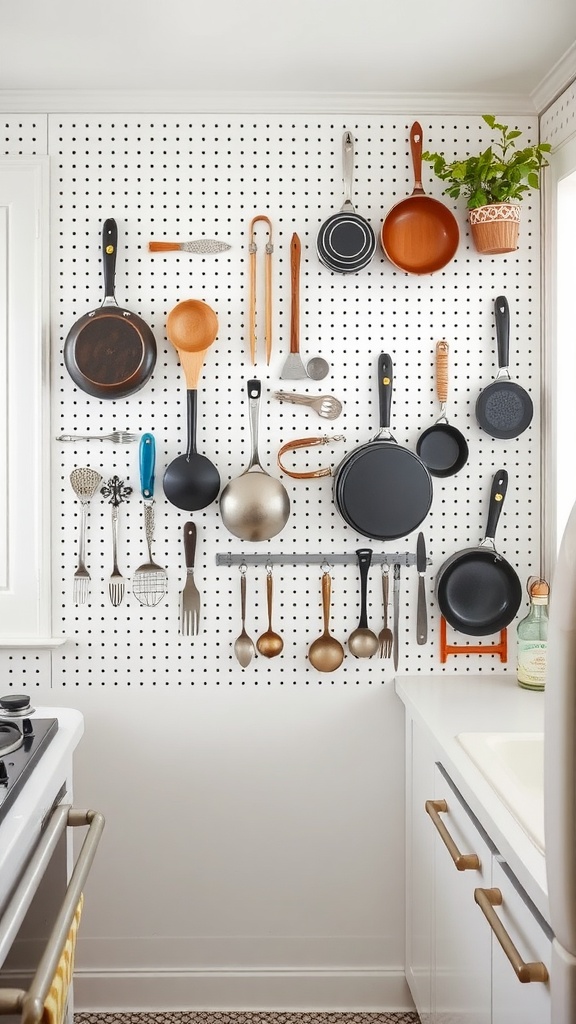A kitchen pegboard organizing pots, pans, and utensils with a small plant