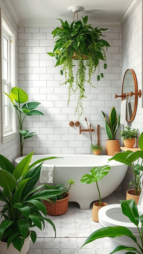 A stylish bathroom with various plants, featuring a white bathtub, hanging greenery, and natural woven planters.
