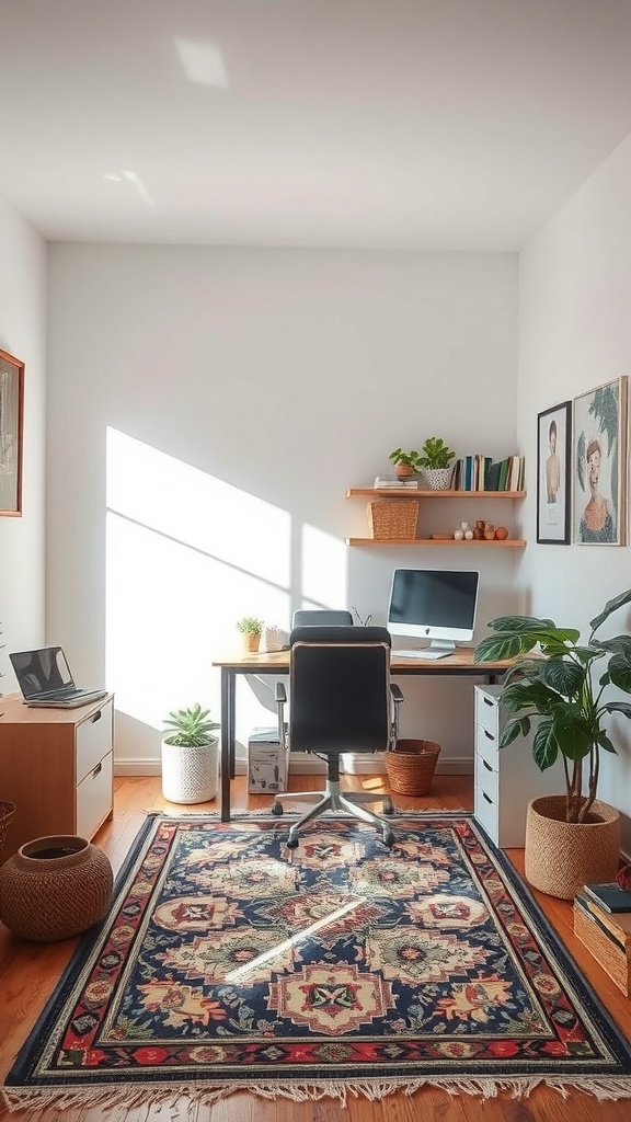 A cozy home office with a patterned rug, desk, and plants.