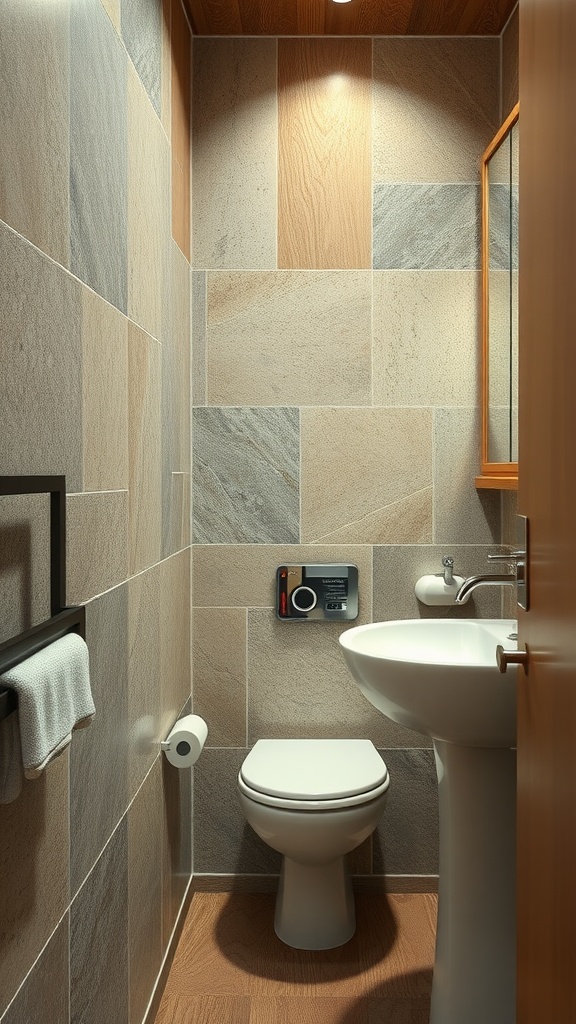 A small bathroom with a mix of stone and wood textures, featuring a sleek toilet and sink.