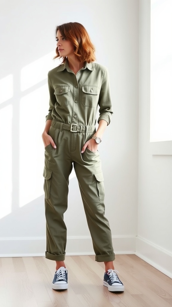 A woman wearing a green utility jumpsuit and casual sneakers, standing in a bright, minimalistic room.