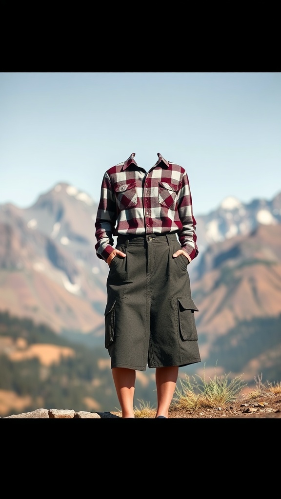 A utility skirt paired with a flannel shirt, showcasing a casual western style.