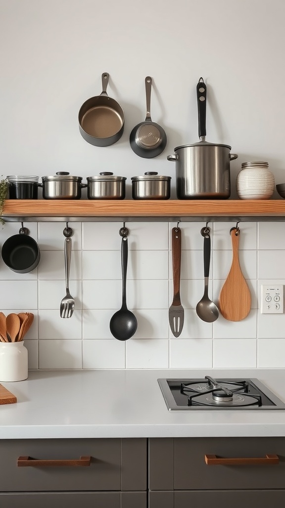 Small kitchen with a wooden shelf above a clean countertop, displaying pots, pans, and utensils on the backsplash.