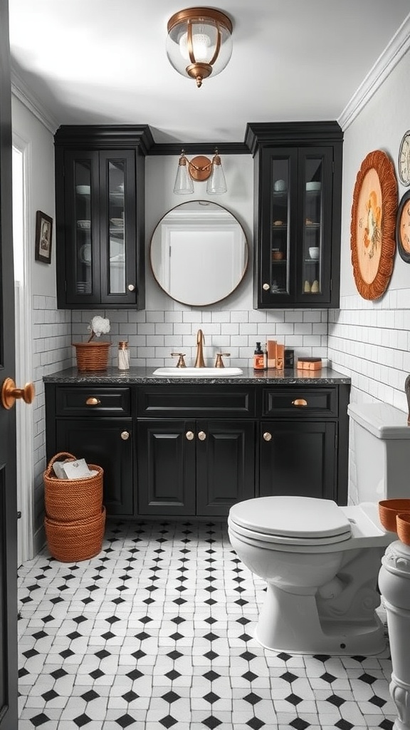A vintage-style bathroom featuring black cabinets, a round mirror, and patterned floor tiles.