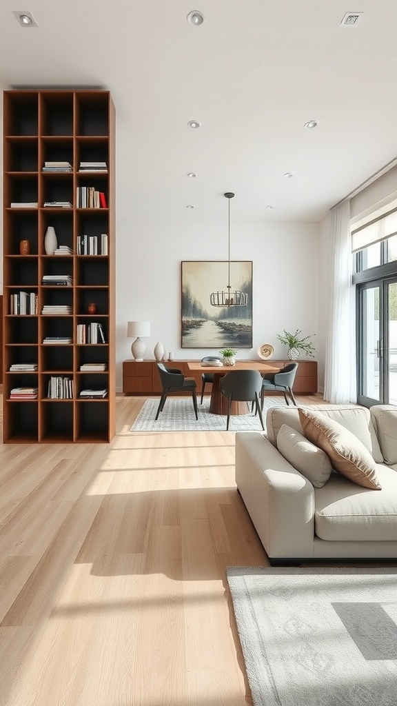 A living room featuring built-in shelves as room dividers, creating distinct areas while maintaining an open layout.
