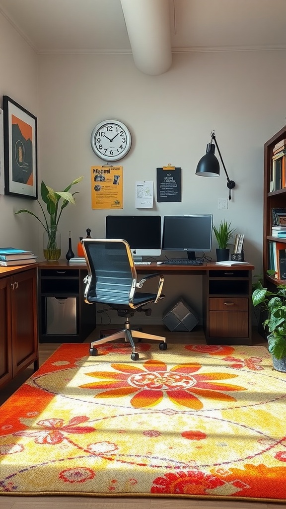 A home office featuring a colorful floral rug in warm tones, a desk with two computer monitors, a clock on the wall, and plants nearby.