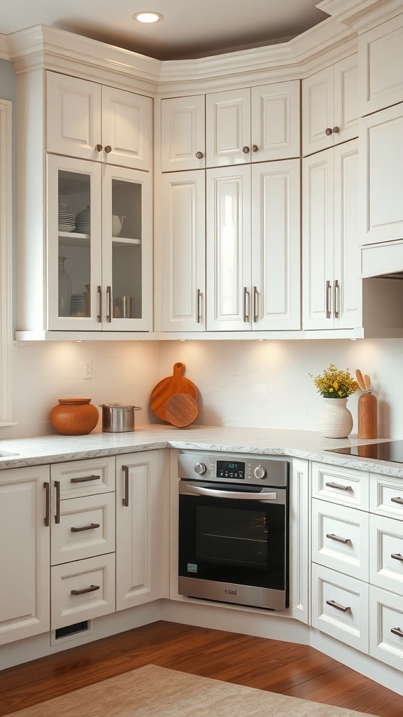 A modern kitchen featuring efficient corner cabinets with glass doors and sleek design.
