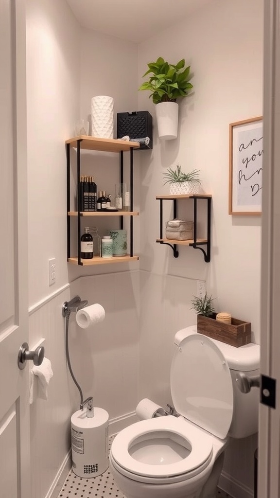 A small half bathroom with corner shelves and plants, showcasing effective space utilization.