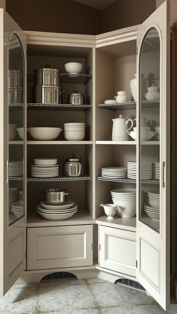 A stylish corner kitchen cabinet displaying dishes and cookware.